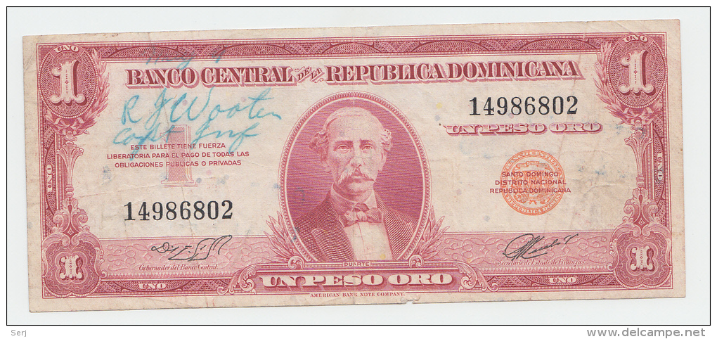 DOMINICAN REPUBLIC 1 PESO ORO 1962 - 1963 AVF P 91 RARE - Dominicaine