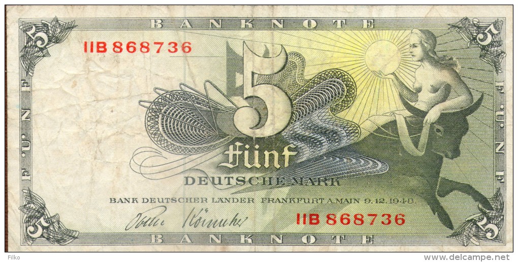 Germany 5 Mark,BDL,P.13i,02.12.1948,Ro#252b ,serie L No:II B 868736,see Scan - 5 Deutsche Mark