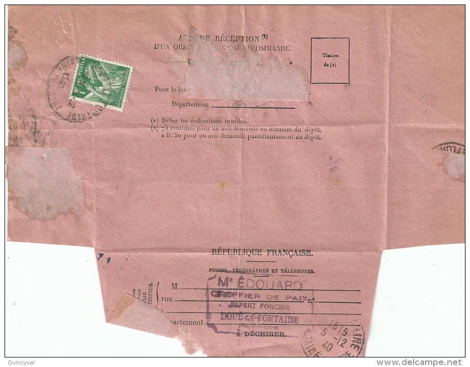 2381 Avis De Réception J21833-38 Yv 432  Iris 1 F Vert  Ob 3 12 1940 - Lettres & Documents