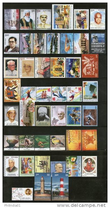 India 2012 Year Pack Of 46 Stamps On Olympic Lighthouse Painting Aviation Israel Biodiversity Bird Frog Monkey MNH Inde - Annate Complete