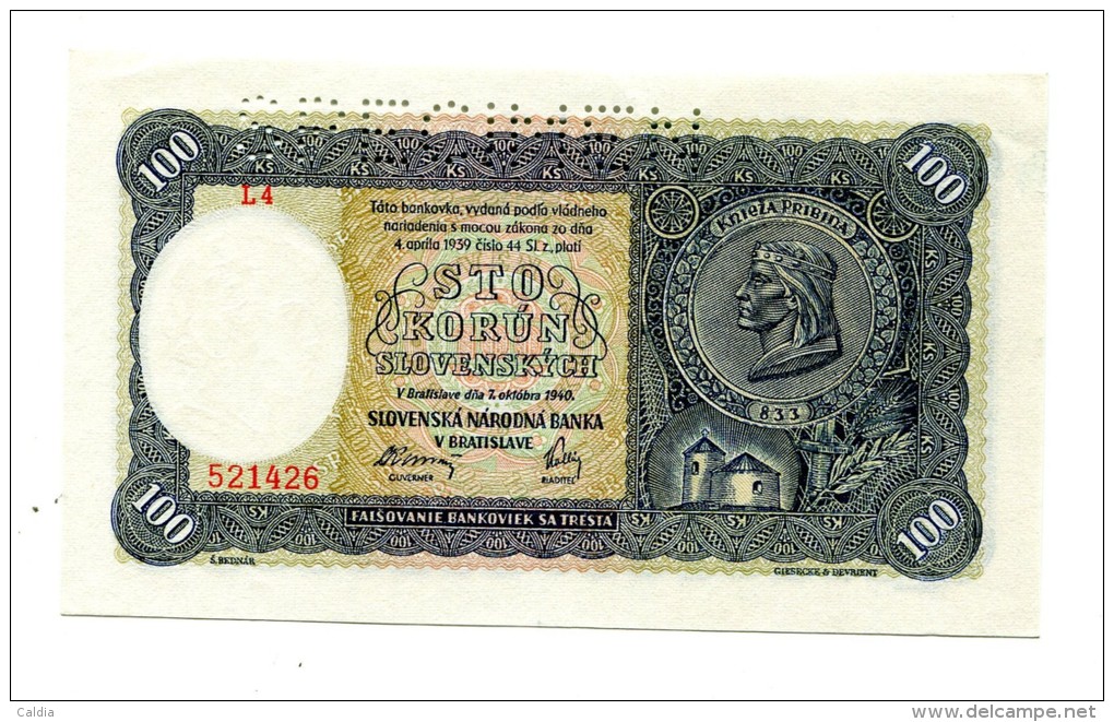 Slovaquie Slovakia 100 Korun 1940 "" SPECIMEN "" UNC # 2 - Slovaquie