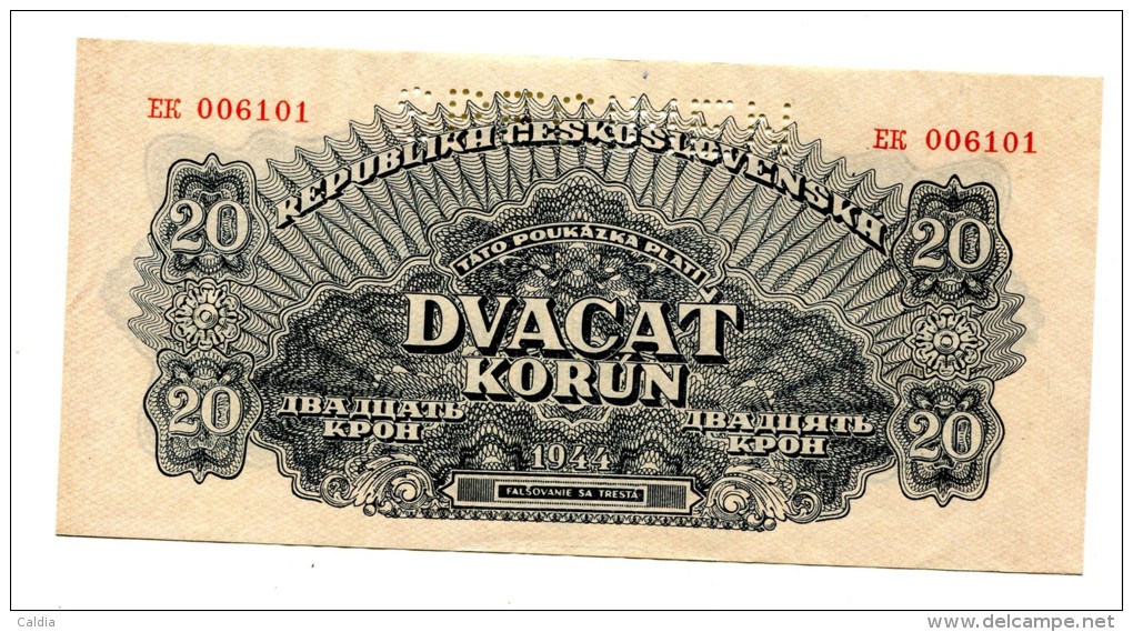 Tchécoslovaquie Czechoslovakia 20 Korun 1944 UNC  SPECIMEN # 2 - Tchécoslovaquie