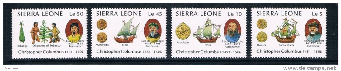 1987 Sierra Leone - Discovery Of America 4v., C.Columbus, Ships, Coins, Tobacco Scott 909/12  MNH - Christoph Kolumbus