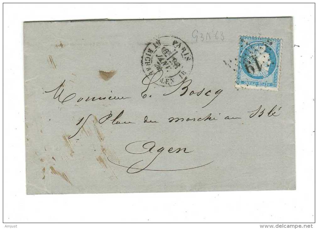 France // Lettre Pour Agen Le 6 Janvier 187... (Cérés) - 1871-1875 Ceres