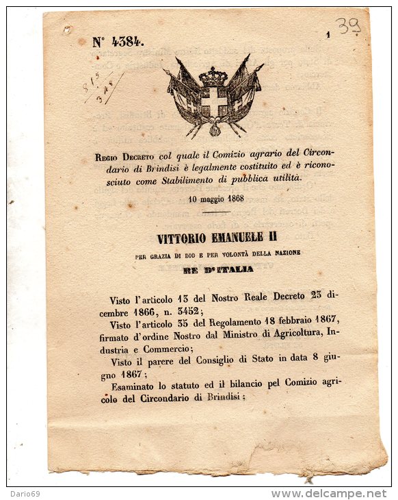 1868  DECRETO COMIZIO AGRARIO DI BRINDISI - Décrets & Lois