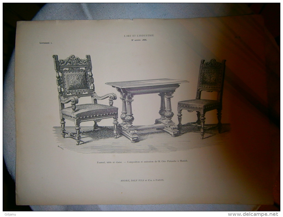 PLANCHE L ART ET L INDUSTRIE FAUTEUIL TABLE ET CHAISE  ANNEE 1886 - Other Plans