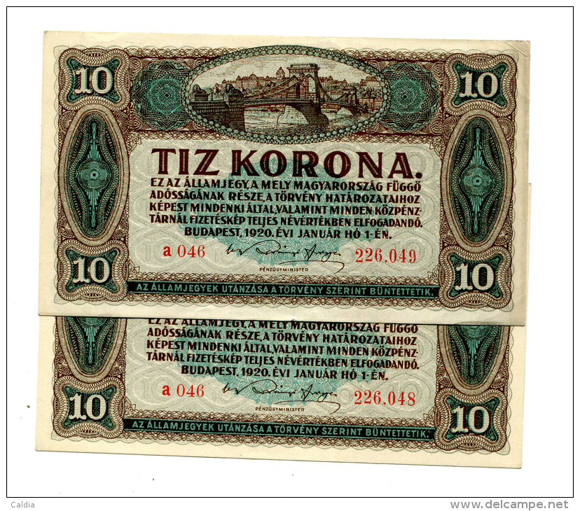 Hongrie Hungary Ungarn 10 Korona 1920 AUNC / UNC - 2 Consecutives # 3 - Hungría