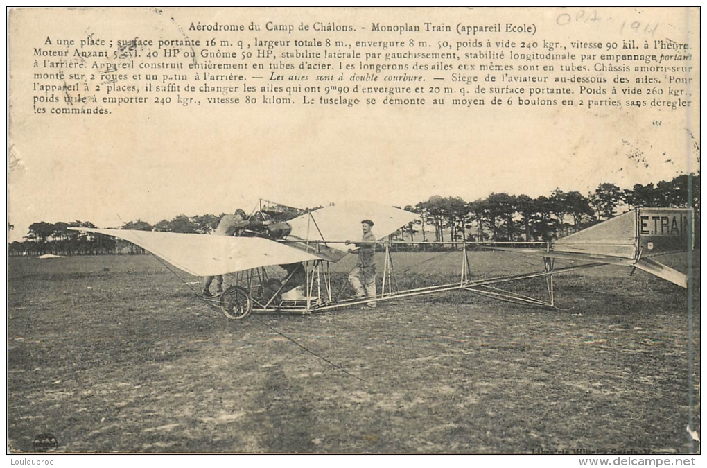 MONOPLAN TRAIN APPAREIL ECOLE AERODROME DU CAMP DE CHALONS - ....-1914: Précurseurs