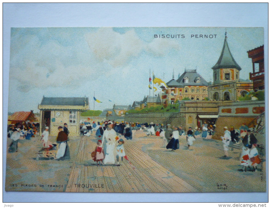 Illustrateur  Luigi  LOIR  :  Carte  PUB Des Biscuits  PERNOT  -  Les Plages De France  "TROUVILLE" - Loir