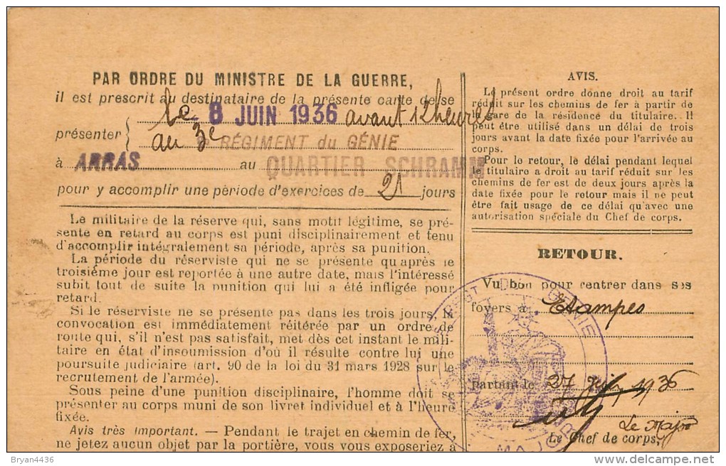 Carte Ordre D'Appel Sous Les Drapeaux Du Génie N° 11, Adressée Rue De La Juiverie à Etampes -Plusieurs Cachets (2 Scans) - Guerre 1939-45