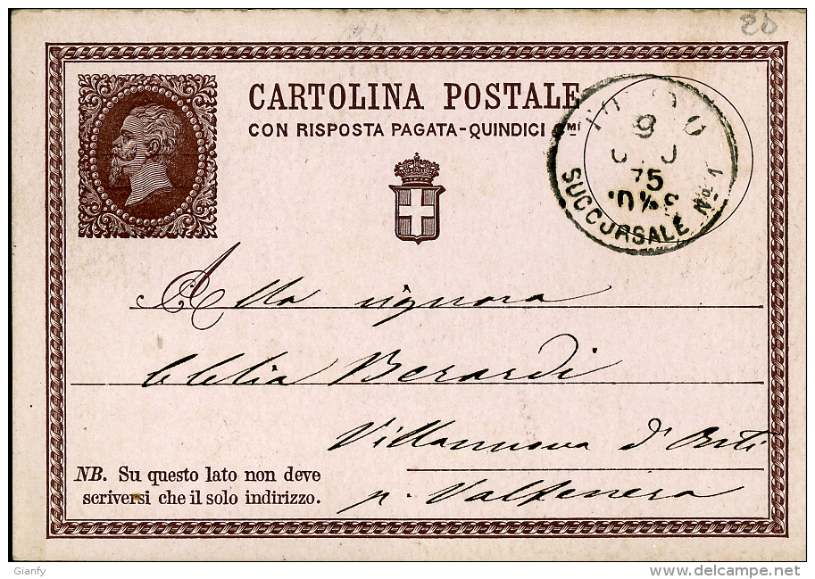 INTERO REGNO VITTORIO EMANUELE II 15+R C 1875 DOMANDA TORINO X VILLANUOVA ASTI - Entero Postal