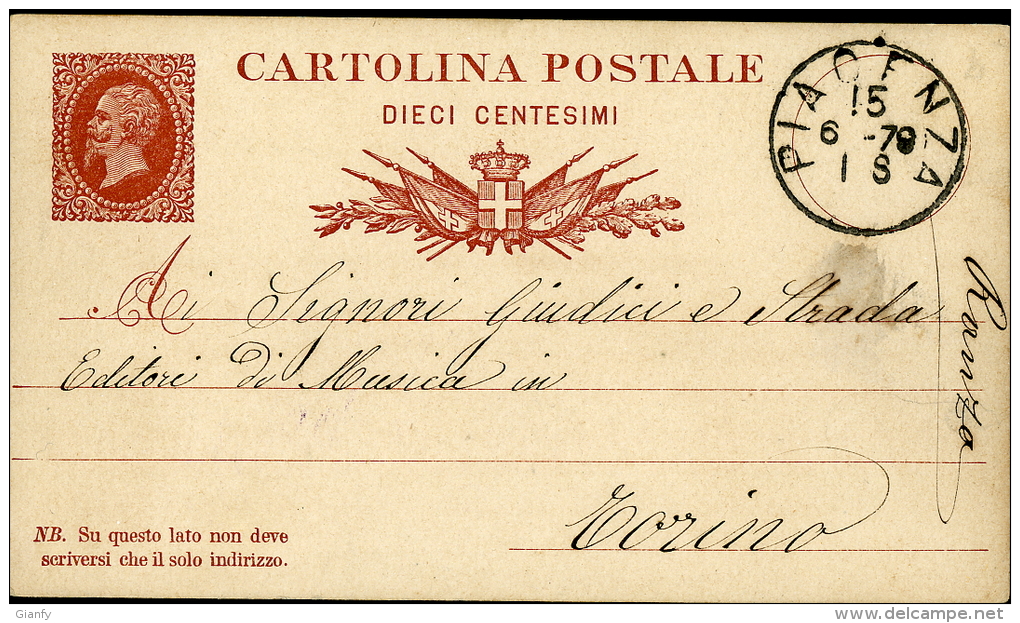 INTERO REGNO VITTORIO EMANUELE II EFFIGE REALE 10 C 1879 PIACENZA X TORINO - Interi Postali