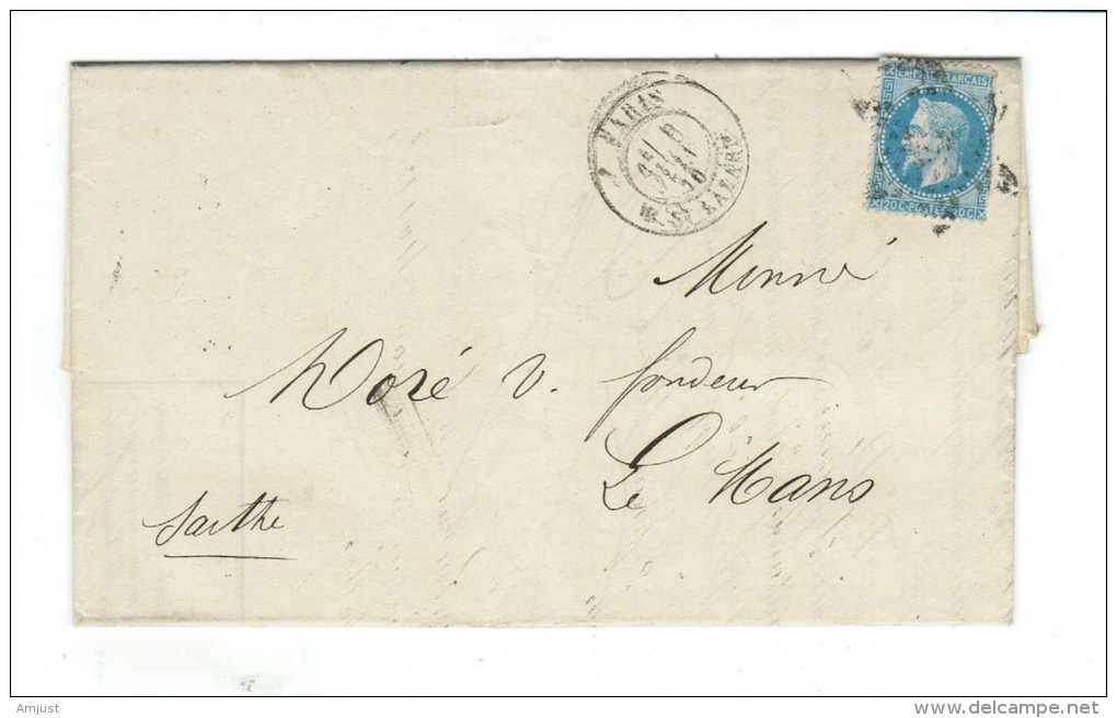 France // Lettre Pour Le Mans Le 4 Juin 1870 - 1863-1870 Napoléon III Lauré