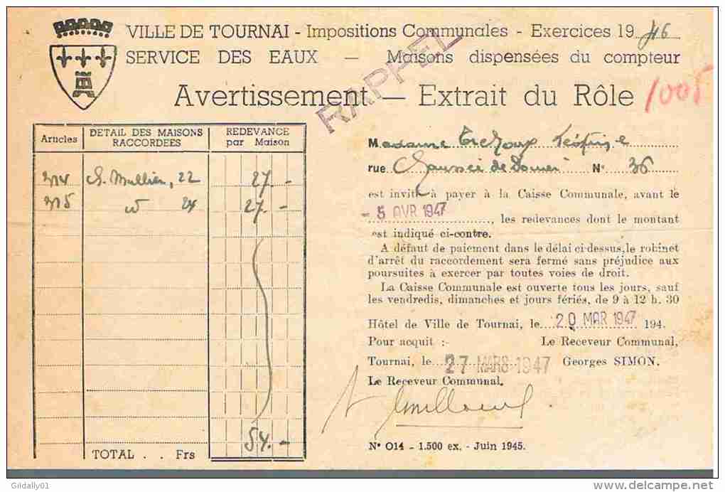 TOURNAI.  1946.  Avertissement - Extrait De Rôle. - 1900 – 1949