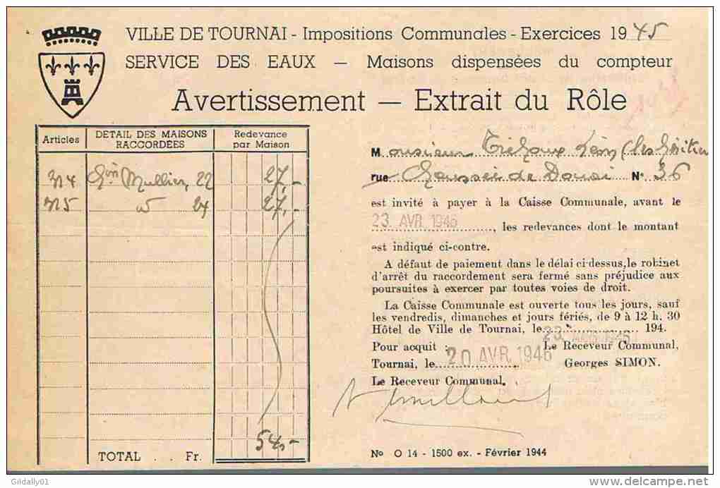 TOURNAI.  1945.  Avertissement - Extrait De Rôle. - 1900 – 1949