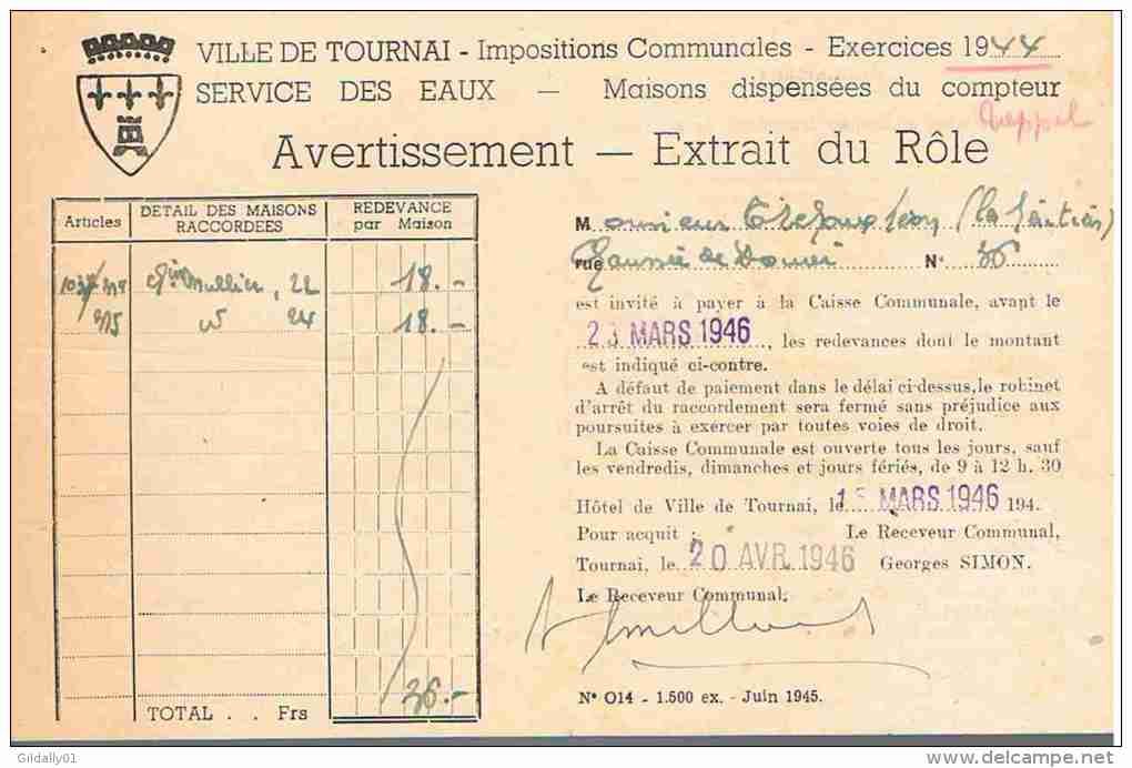 TOURNAI.  1944.  Avertissement - Extrait De Rôle. - 1900 – 1949