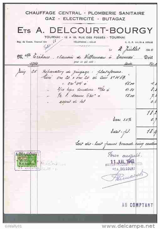 TOURNAI.    1940.  Ets A. Delcourt - Bourgy.   Chauffage Central, Plomberie Sanitaire, Gaz Etc... - 1900 – 1949