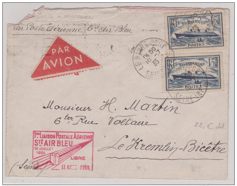 Enveloppe  Avec  Oblitération Le Havre Port + 1ère Liaison Postale Aérienne Sté Air Bleu 20 Juillet 1936 - 1921-1960: Période Moderne