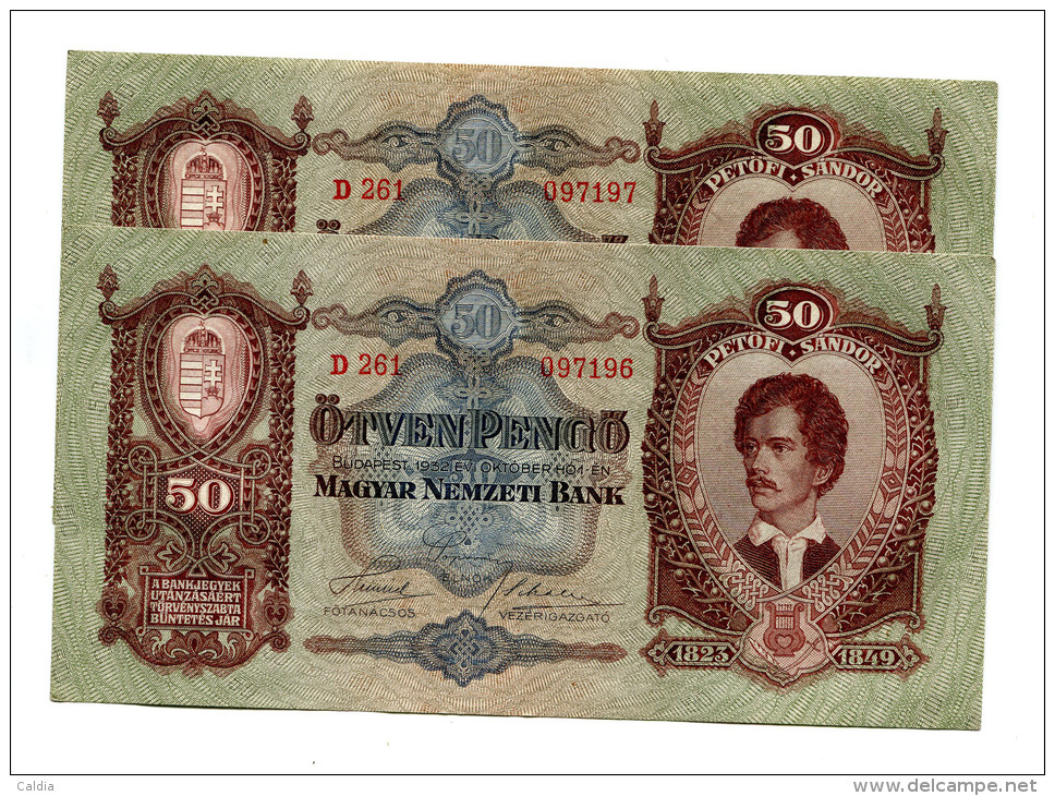 Hongrie Hungary Ungarn 50 Pengo 1932 UNC - 2 Consecutives # 2 - Hongrie