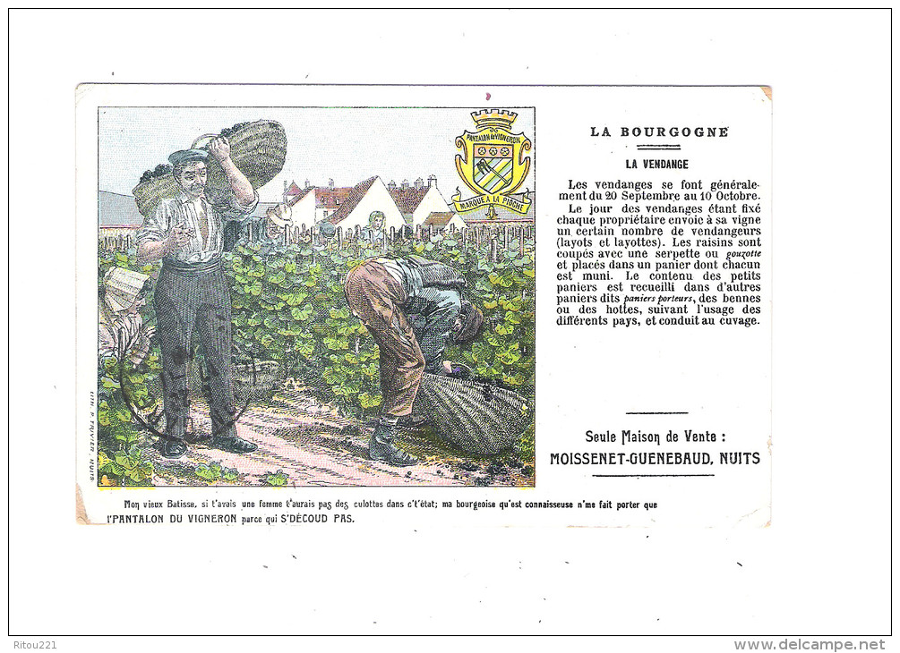 Nuits Saint Georges 21 - La Vendange - Publicité Pantalon Du Vigneron Moissenet Guenebaud - 1908 - Nuits Saint Georges