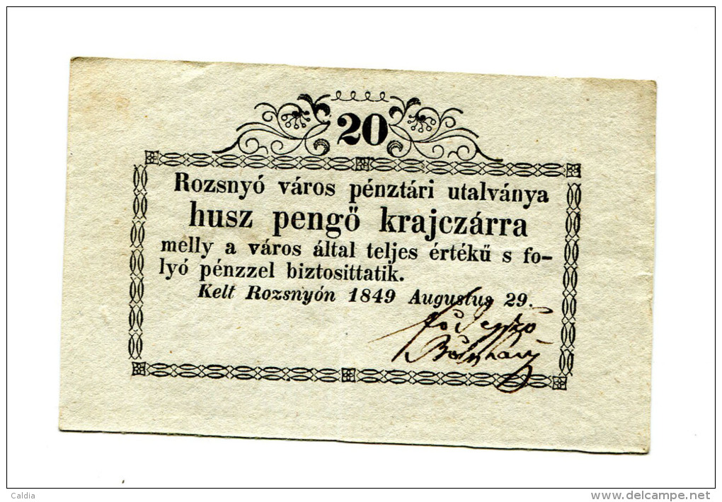 Hongrie Hungary Ungarn 20 Pengo Krajczarra 1849 "" ROZSNYON "" RARE - Hungría
