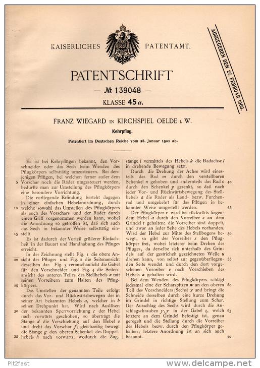 Original Patentschrift - Franz Wiegard In Oelde I.W., 1902 , Kehrpflug , Landwirtschaft , Agrar , Pflug , Kirchspiel !!! - Maschinen