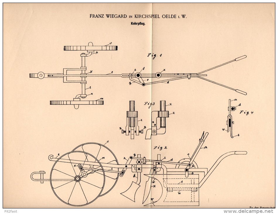 Original Patentschrift - Franz Wiegard In Oelde I.W., 1902 , Kehrpflug , Landwirtschaft , Agrar , Pflug , Kirchspiel !!! - Maschinen