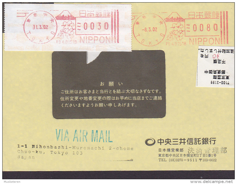 Japan Airmail THE CHUO MNSUI TRUST & BANKING Co. Ltd. TOKYO Meter Stamp 2002 Cover Brief (2 Scans) - Covers & Documents