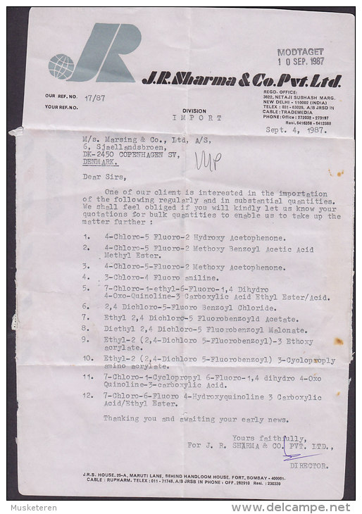 India By Airmail Private Print J.R. SHARMA & Co. Pvt. Ltd., Aerogramme 1987 Cover Brief To Denmark (2 Scans) - Poste Aérienne