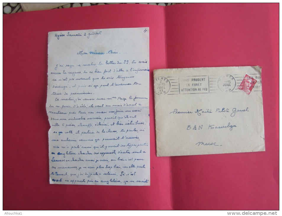 1949 Lettre D'Amour "enflammée "de Hyéres &gt;1er Maître Pilote Gouel Base Aérienne Navale (B.A.N ) KOUIBGA (Maroc) - Storia Postale