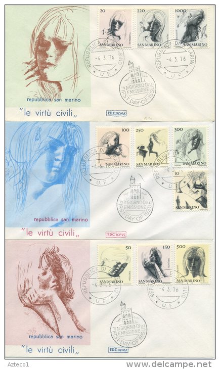 SAN MARINO - FDC ROMA  1976 - VIRTU´ CIVILI - ARTE - FDC