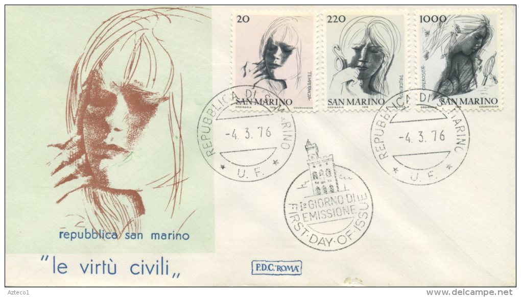 SAN MARINO - FDC ROMA  1976 - VIRTU´ CIVILI - ARTE - FDC