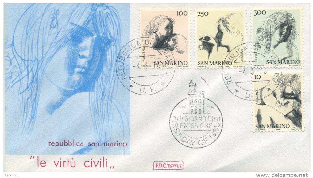 SAN MARINO - FDC ROMA  1976 - VIRTU´ CIVILI - ARTE - FDC