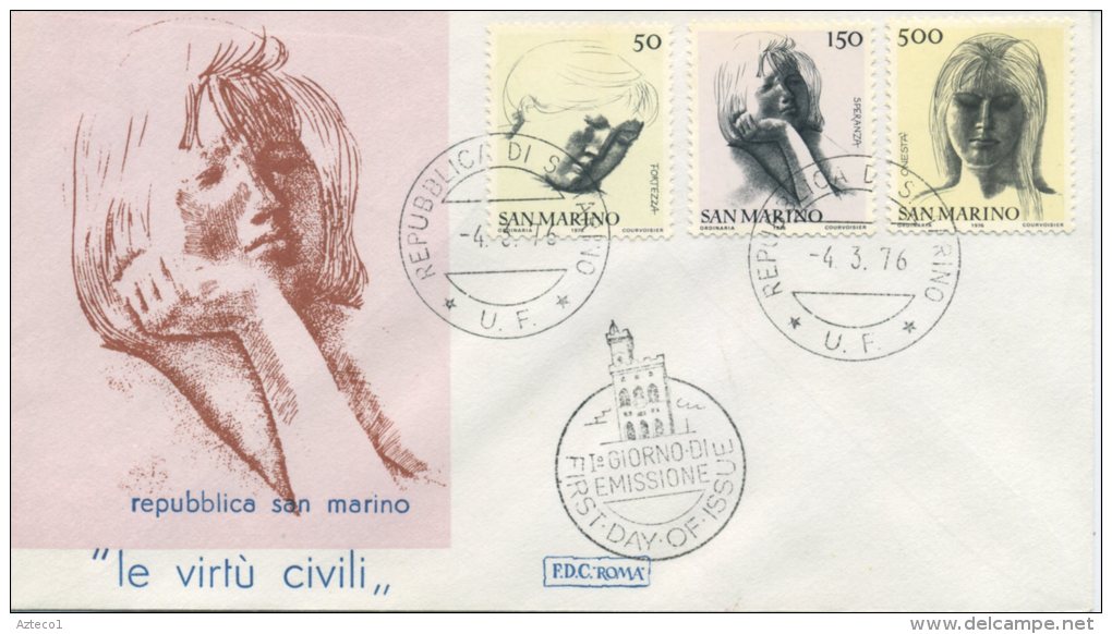 SAN MARINO - FDC ROMA  1976 - VIRTU´ CIVILI - ARTE - FDC