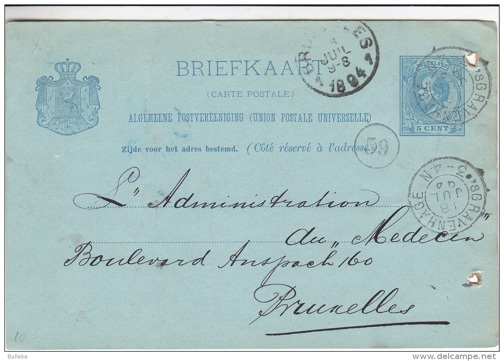 Pays Bas - Entier Postal De 1894 - Oblitération S'Gravenhage - Expédié Vers La Belgique - Postal Stationery