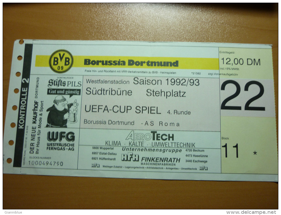 Borussia Dortmund-AS Roma UEFA Cup Football Match Ticket Stub Season 1992/1993 - Match Tickets