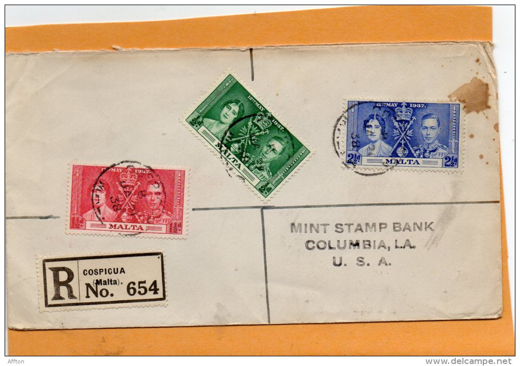 Malta 1937 Registered Cover To USA - Malte (...-1964)