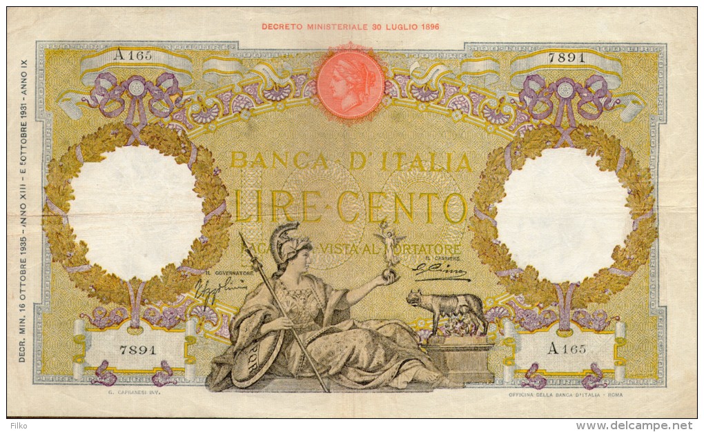 Italy,100 Lire,16.10.1935,P.55a,sig Natur Es: Azzolini & Cima (05.10.1931 - 16.12.1936) ,as Scan - 100 Lire