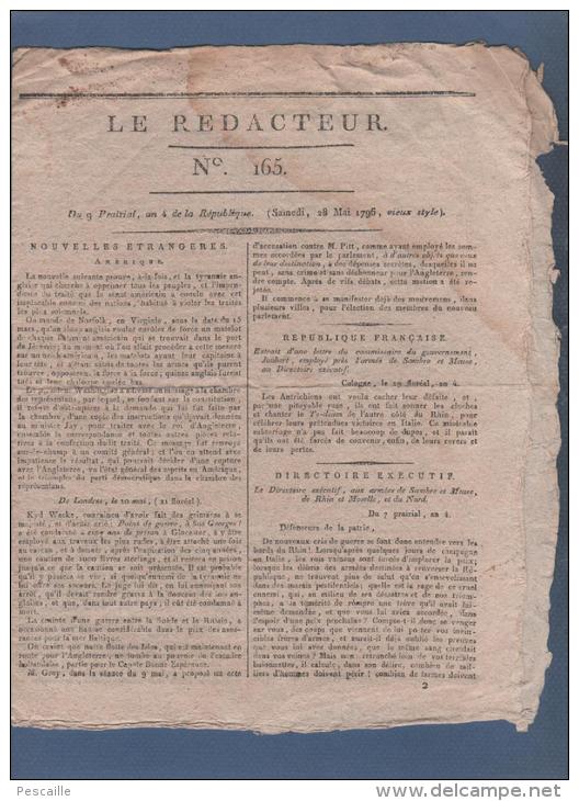 LE REDACTEUR 28 05 1796 - AMERIQUE - DIRECTOIRE - FETE DE LA VICTOIRE - CONSEIL DES CINQ CENTS - Zeitungen - Vor 1800