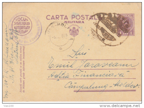 FROM SLATINA TO CIMPULUNG, CENSORED, MILITARY POSTCARD, 1939, ROMANIA - 2de Wereldoorlog (Brieven)