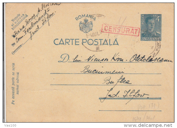 KING MICHAEL, RED CENSORED, PC STATIONERY, ENTIER POSTAL, 1941, ROMANIA - Lettres 2ème Guerre Mondiale