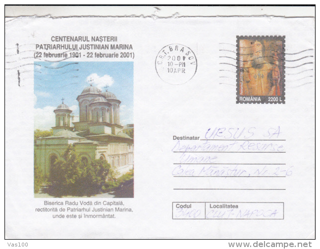 BUCHAREST- KING RADU CHURCH, COVER STATIONERY, ENTIER POSTAL, 2001, ROMANIA - Christianity