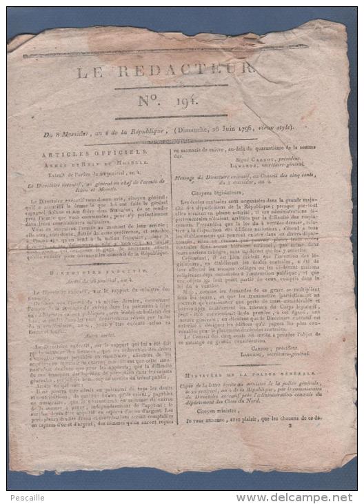 LE REDACTEUR 26 06 1796 - MONNAIE - ECOLES CENTRALES - ARLES - PUYLAURENS - ITALIE - FETE DU 10 MESSIDOR - Journaux Anciens - Avant 1800