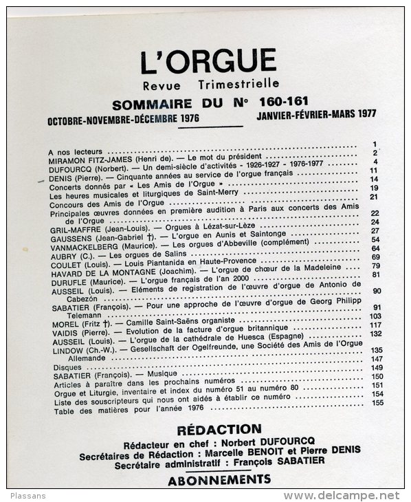 L´ORGUE Revue 160 Et 161. 1976. Lézat , La Rochelle, Abbeville,  Salins, Provence, Digne, Manosque, Angleterre - Música