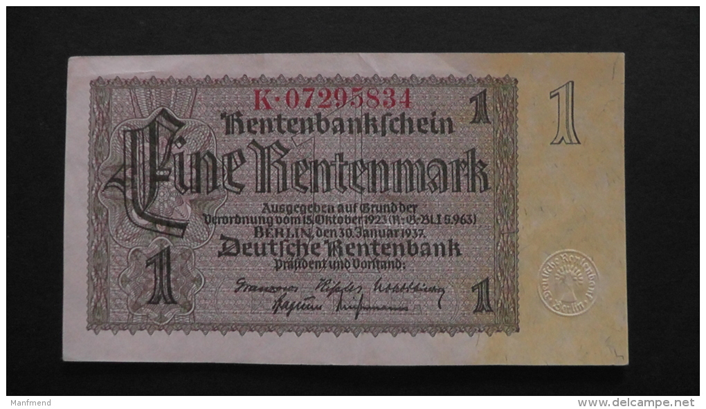 Germany - P 173b 1 Rentenmark 1937  KN K-07295834 - XF - Look Scan - 1 Rentenmark