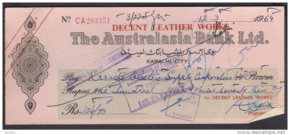 CHEQUE - THE AUSTRALASIA BANK LTD. PAKISTAN Karachi City 12.3.1964 - Bank & Insurance