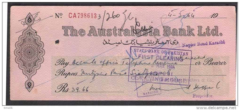 CHEQUE - THE AUSTRALASIA BANK LTD. PAKISTAN Napier Road Karachi 4.3.1964 - Bank & Insurance