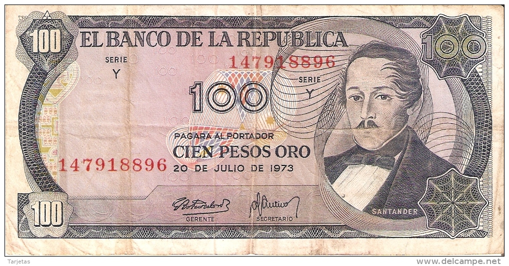 BILLETE DE COLOMBIA DE 100 PESOS DE ORO DEL AÑO 1973  (BANK NOTE) - Colombia