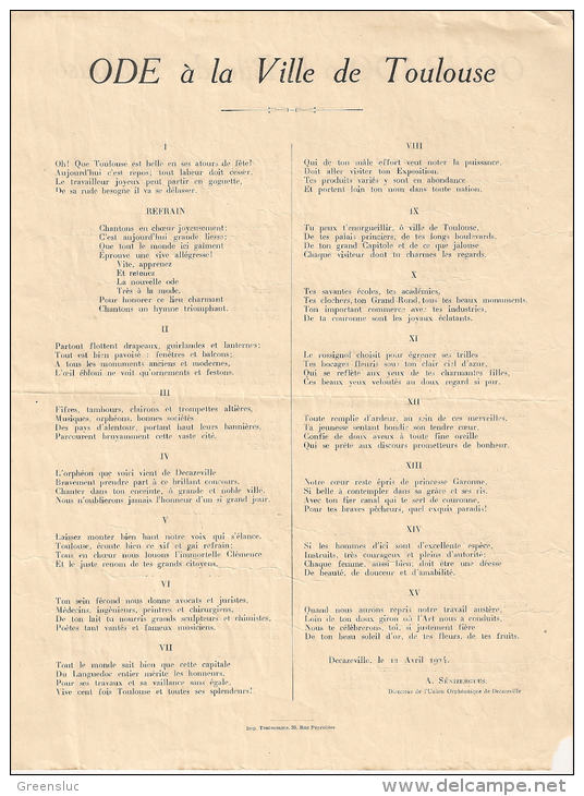 TOULOUSE.ODE A LA VILLE DE TOULOUSE. OOUBADO O La Bilo Dé Toulouso. A.Sénizergues - Non Classés