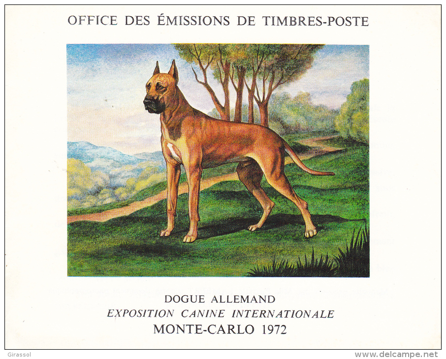 PLAQUETTE POUR EDITION DE TIMBRE MONACO CHIEN DOGUE ALLEMAND EXPOSITION CANINE MONTE CARLO 1972 - Autres & Non Classés